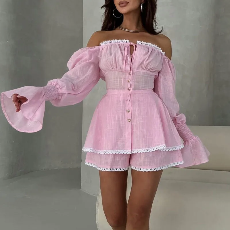 Fashion Off Shoulder Flared Sleeve Top + Shorts Party Set Women's Elegant Slim Vacation Outfits Pink Lace Patchwork Summer Suit