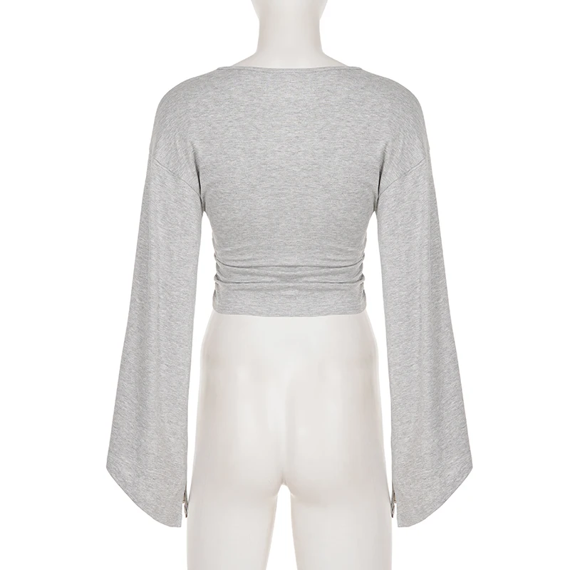 Women Deep V Neck Flare Long Sleeve T-shirts Ruched Waist Solid Loose Fit Y2K Streetwear Crop Top Casual Fall Versatile Tees New