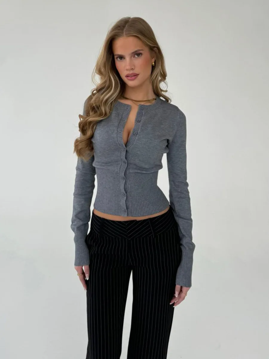 Elegant Button Up Cardigan Women Long Sleeve Slim Waist Knitwear Top Jumper Y2K Streetwear Autumn 2026 New
