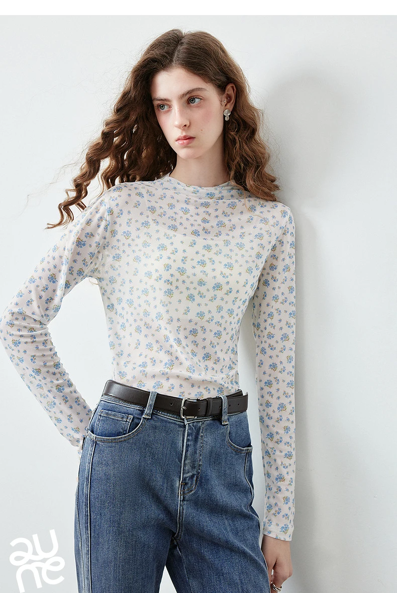 TOYOUTH Women's Floral Print Mesh T Shirt 2026 Fall New Arrival Slim Fit Thin Mock Neck Sheer Second Skin Base Layering Top