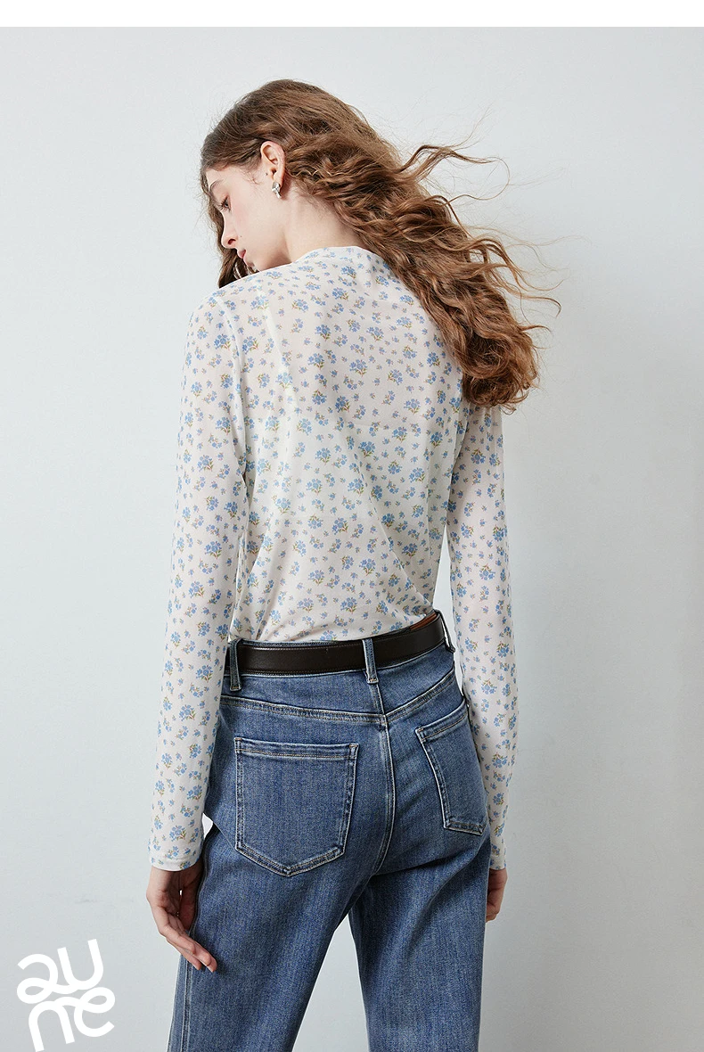 TOYOUTH Women's Floral Print Mesh T Shirt 2026 Fall New Arrival Slim Fit Thin Mock Neck Sheer Second Skin Base Layering Top