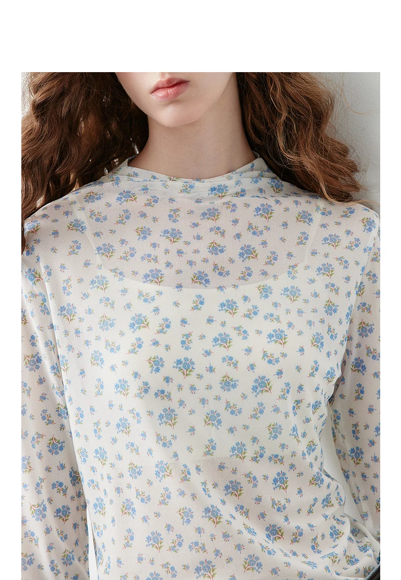 TOYOUTH Women's Floral Print Mesh T Shirt 2026 Fall New Arrival Slim Fit Thin Mock Neck Sheer Second Skin Base Layering Top