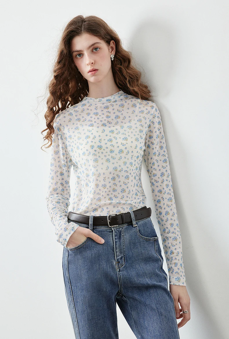 TOYOUTH Women's Floral Print Mesh T Shirt 2026 Fall New Arrival Slim Fit Thin Mock Neck Sheer Second Skin Base Layering Top