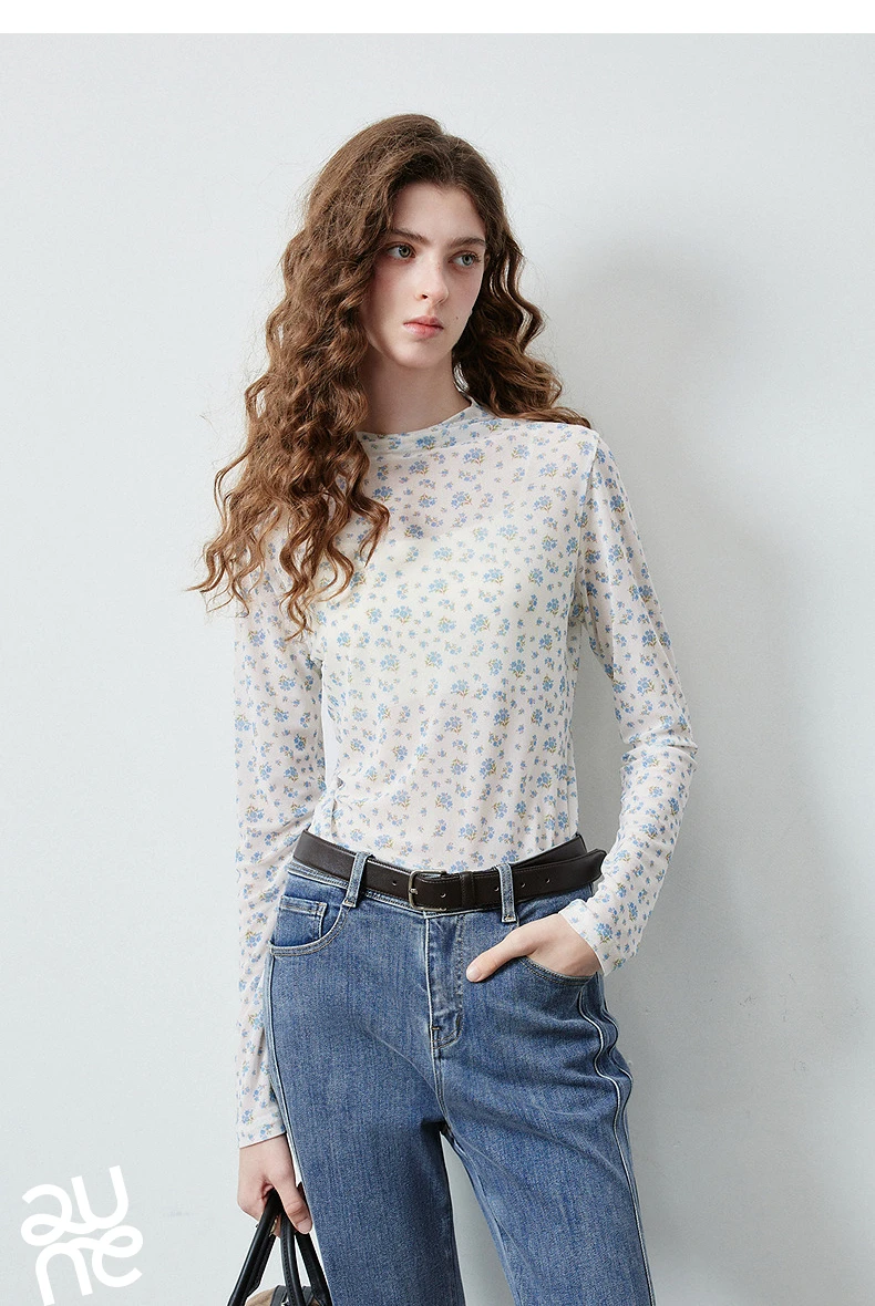 TOYOUTH Women's Floral Print Mesh T Shirt 2026 Fall New Arrival Slim Fit Thin Mock Neck Sheer Second Skin Base Layering Top