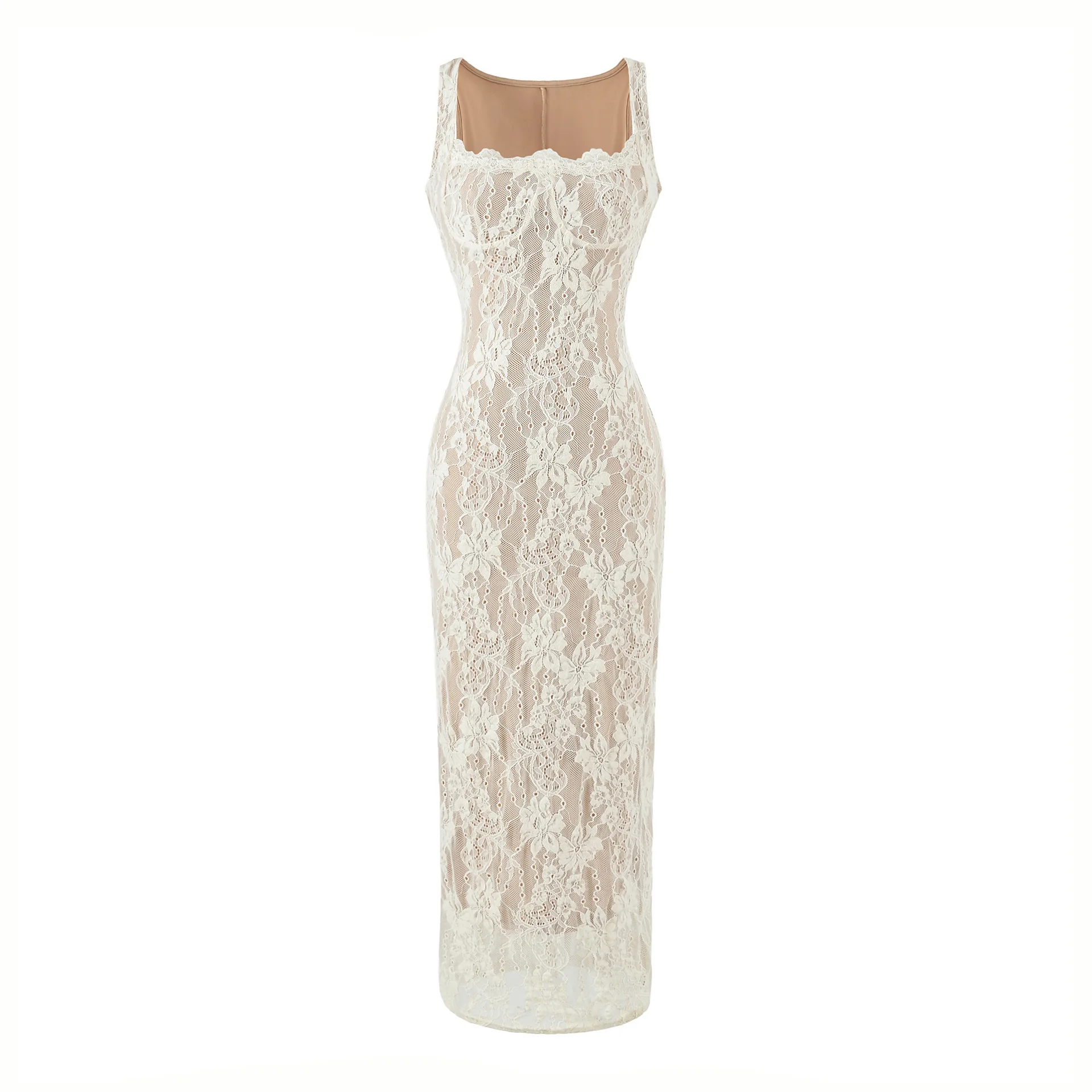 French-style square-neck lace strap slim-fit long dress women, summer and elegant dress