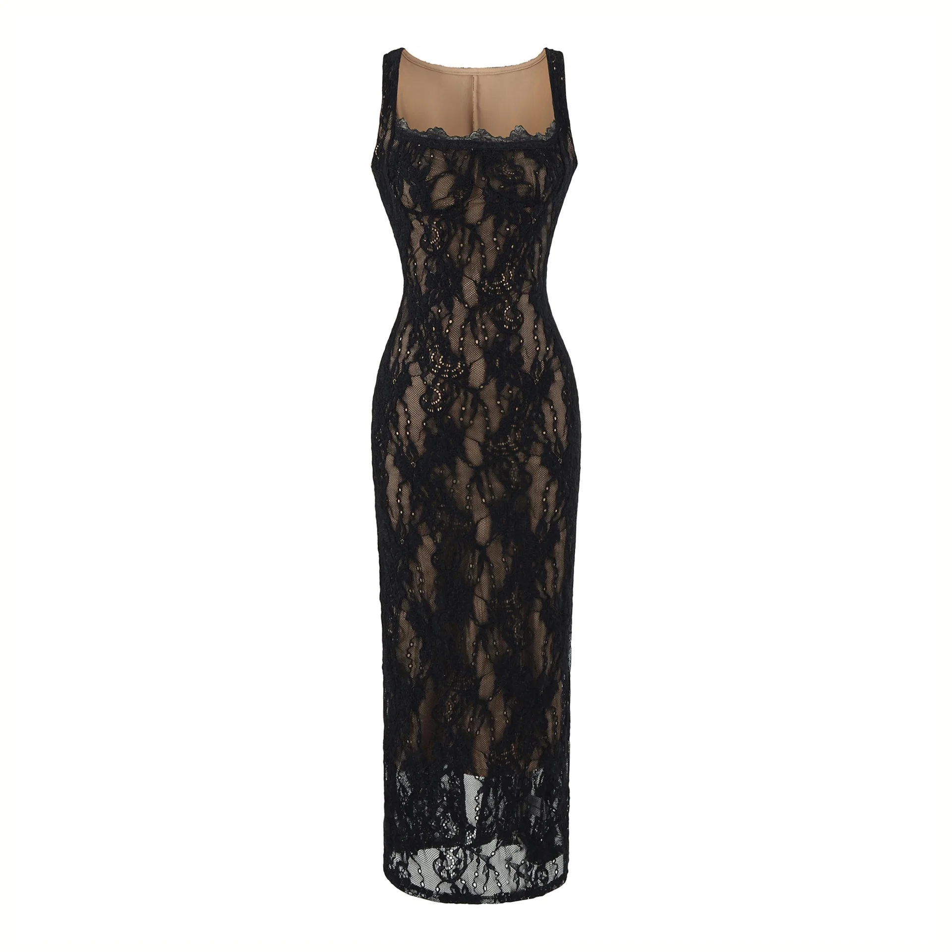 French-style square-neck lace strap slim-fit long dress women, summer and elegant dress