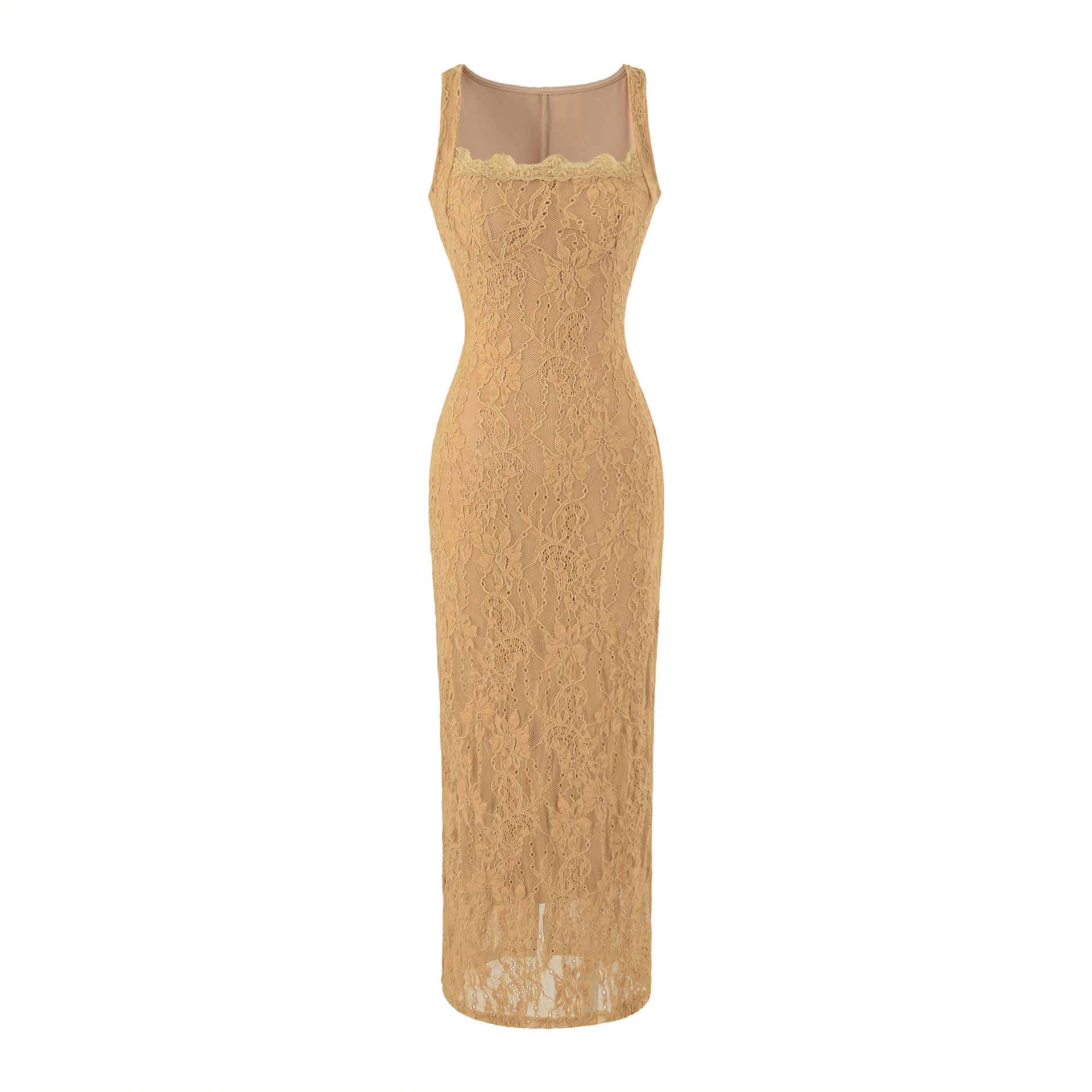 French-style square-neck lace strap slim-fit long dress women, summer and elegant dress