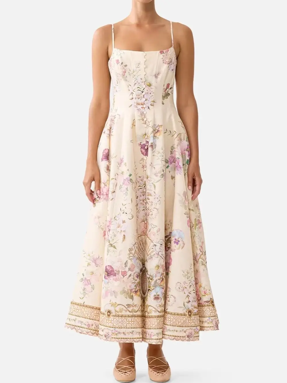 Summer Ladies Flower Print Sling Dress Square Collar High Waist Sleeveless Single Breasted Crystal Beaded Elegant Robe