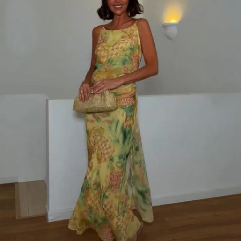 Vintage Printed O-neck Sleeveless Chiffon Dress Elegant Slim Pleated Vacation Beach Dress Summer New High Waist Party Maxi Dress