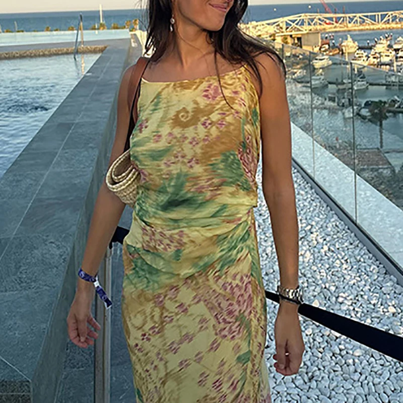 Vintage Printed O-neck Sleeveless Chiffon Dress Elegant Slim Pleated Vacation Beach Dress Summer New High Waist Party Maxi Dress