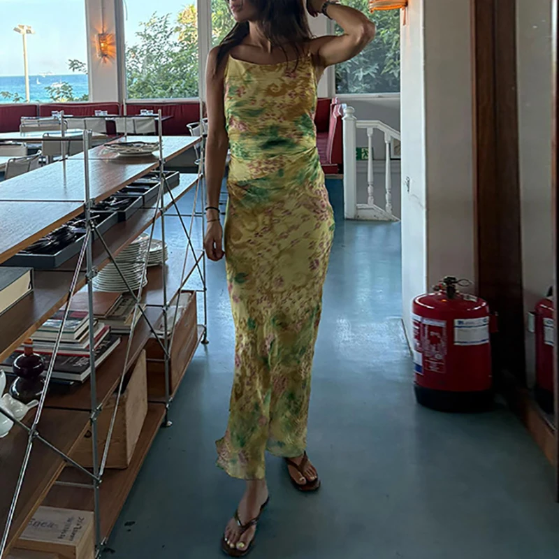 Vintage Printed O-neck Sleeveless Chiffon Dress Elegant Slim Pleated Vacation Beach Dress Summer New High Waist Party Maxi Dress
