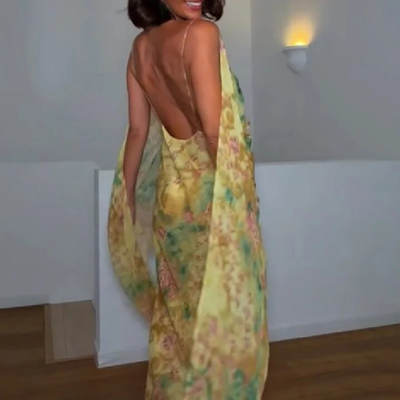 Vintage Printed O-neck Sleeveless Chiffon Dress Elegant Slim Pleated Vacation Beach Dress Summer New High Waist Party Maxi Dress