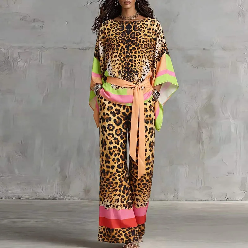 O Neck Short Sleeved Top and Long Pants Casual 2pc Set Fashion Street Commuting Outfits Retro Leopard Print Loose Summer Suit