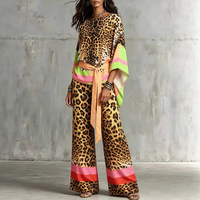 O Neck Short Sleeved Top and Long Pants Casual 2pc Set Fashion Street Commuting Outfits Retro Leopard Print Loose Summer Suit