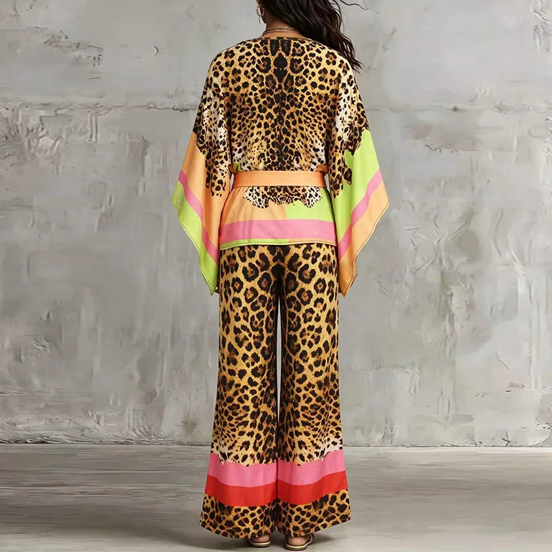 O Neck Short Sleeved Top and Long Pants Casual 2pc Set Fashion Street Commuting Outfits Retro Leopard Print Loose Summer Suit