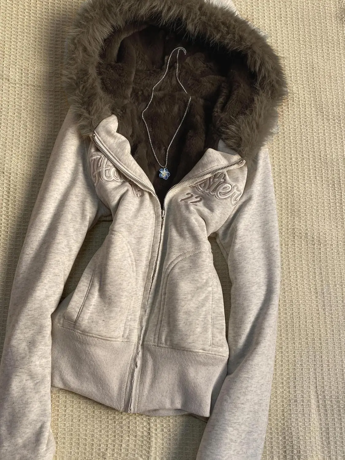 American Y2k Embroidered Fur Collar Hooded Sweatshirt for Women 2026 Autumn Winter New Retro Streetwear Women's Zip Up Hoodie