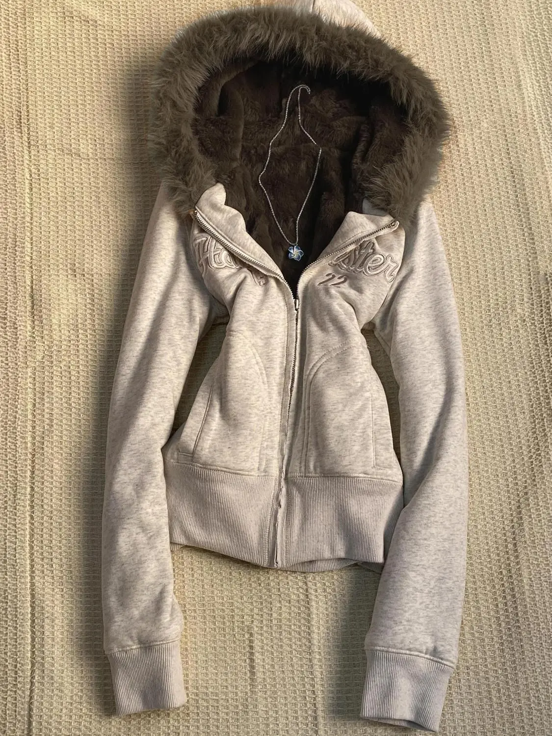 American Y2k Embroidered Fur Collar Hooded Sweatshirt for Women 2026 Autumn Winter New Retro Streetwear Women's Zip Up Hoodie