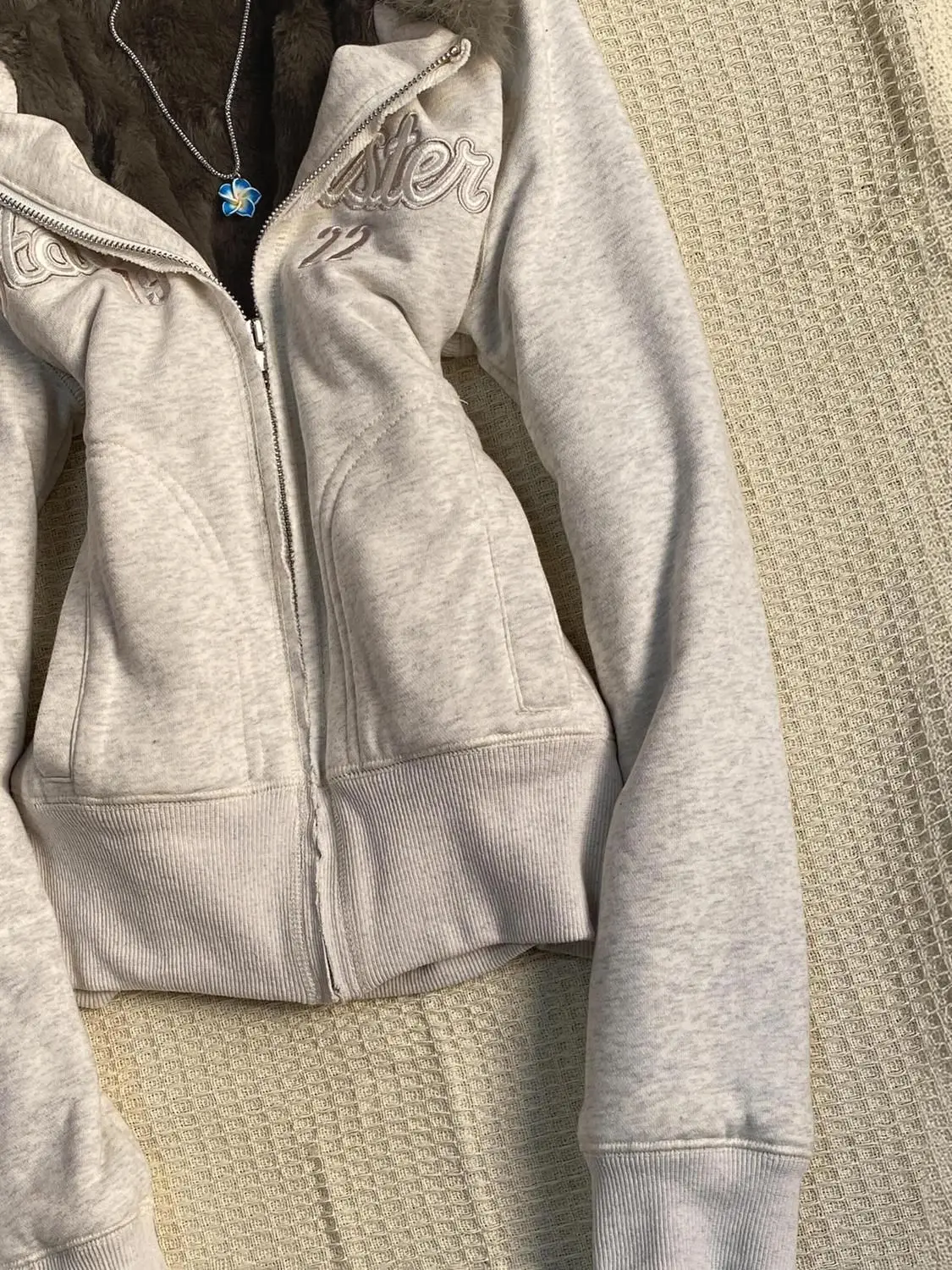American Y2k Embroidered Fur Collar Hooded Sweatshirt for Women 2026 Autumn Winter New Retro Streetwear Women's Zip Up Hoodie