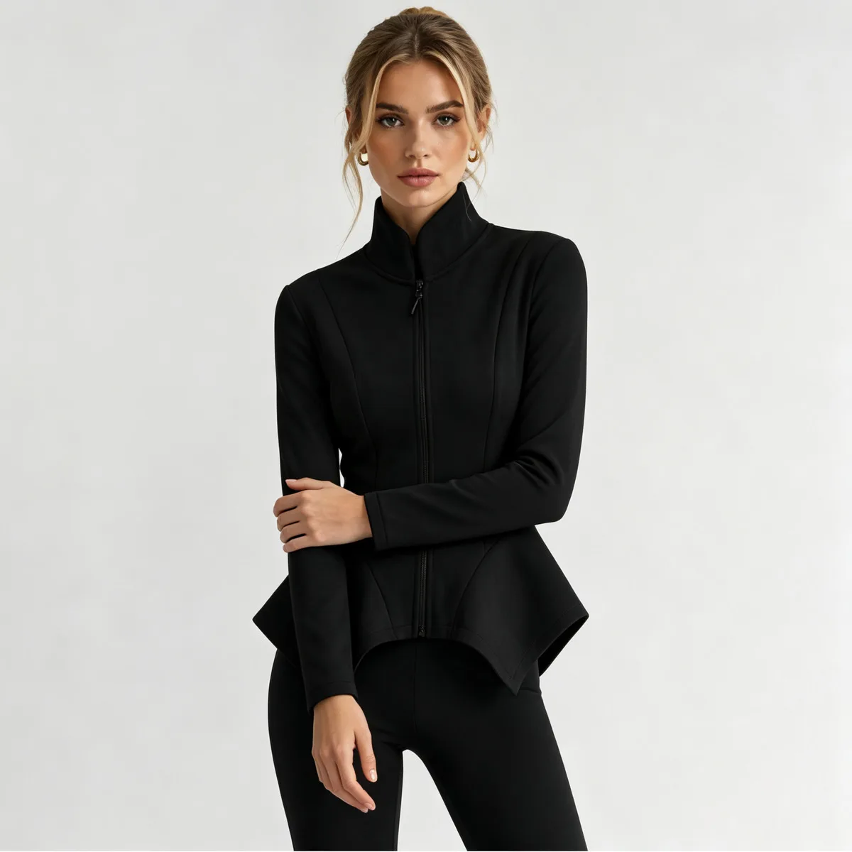 IG Women Stand Collar Zip Up Jacket Elegant Slim Waist Peplum Blazer Long Sleeve Solid Black Irregular Hem Outerwear Fashion
