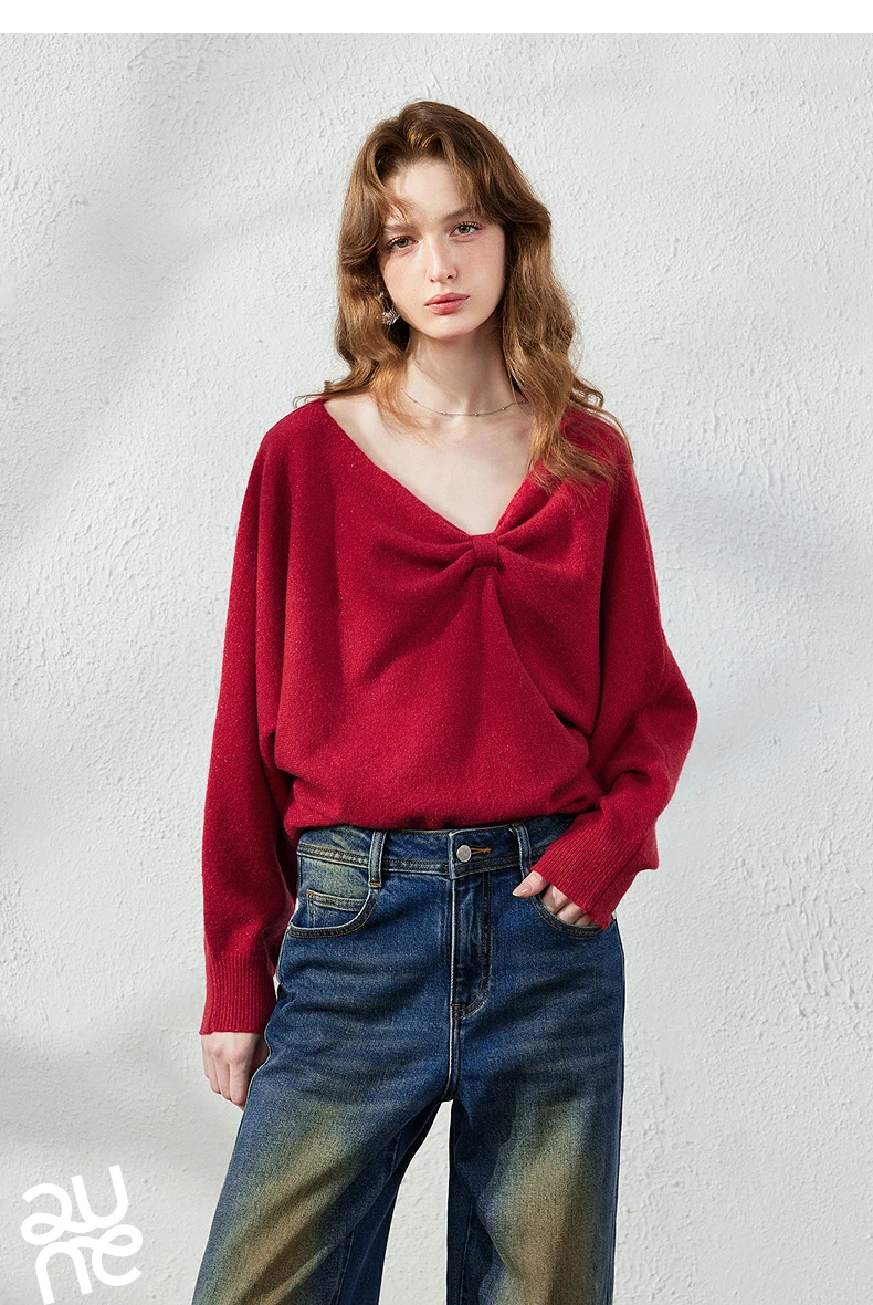 TOYOUTH Women's Dropped Shoulder Knit Sweater 2026 Fall New Arrival V neck with Bow Detail Sweet and Cool French Inspired Top