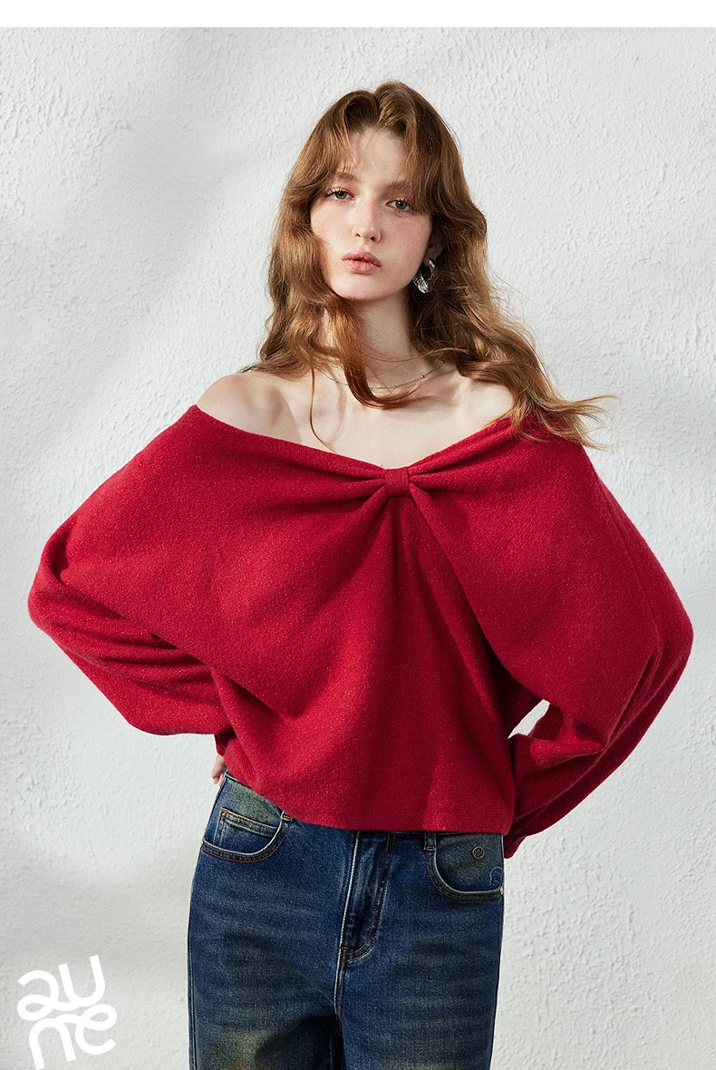 TOYOUTH Women's Dropped Shoulder Knit Sweater 2026 Fall New Arrival V neck with Bow Detail Sweet and Cool French Inspired Top