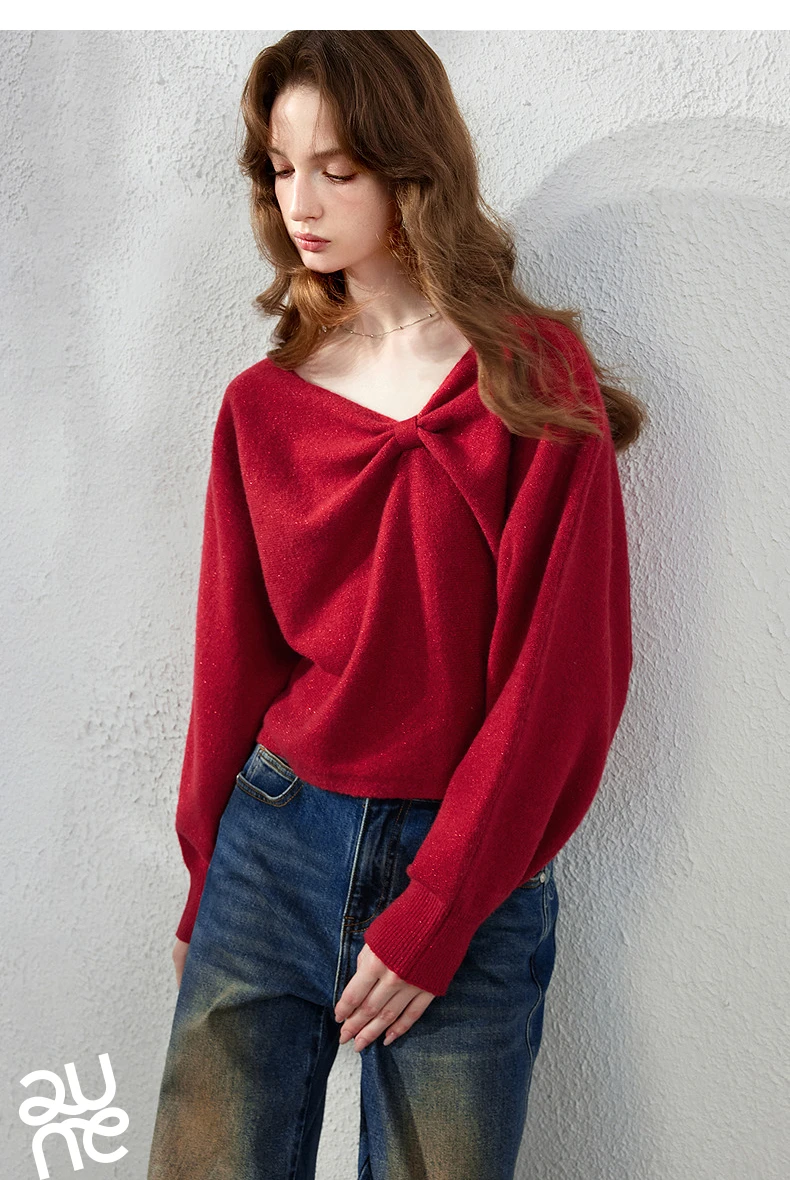 TOYOUTH Women's Dropped Shoulder Knit Sweater 2026 Fall New Arrival V neck with Bow Detail Sweet and Cool French Inspired Top