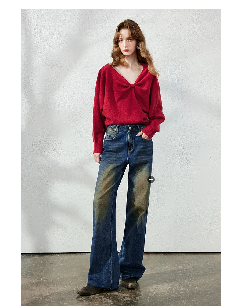 TOYOUTH Women's Dropped Shoulder Knit Sweater 2026 Fall New Arrival V neck with Bow Detail Sweet and Cool French Inspired Top