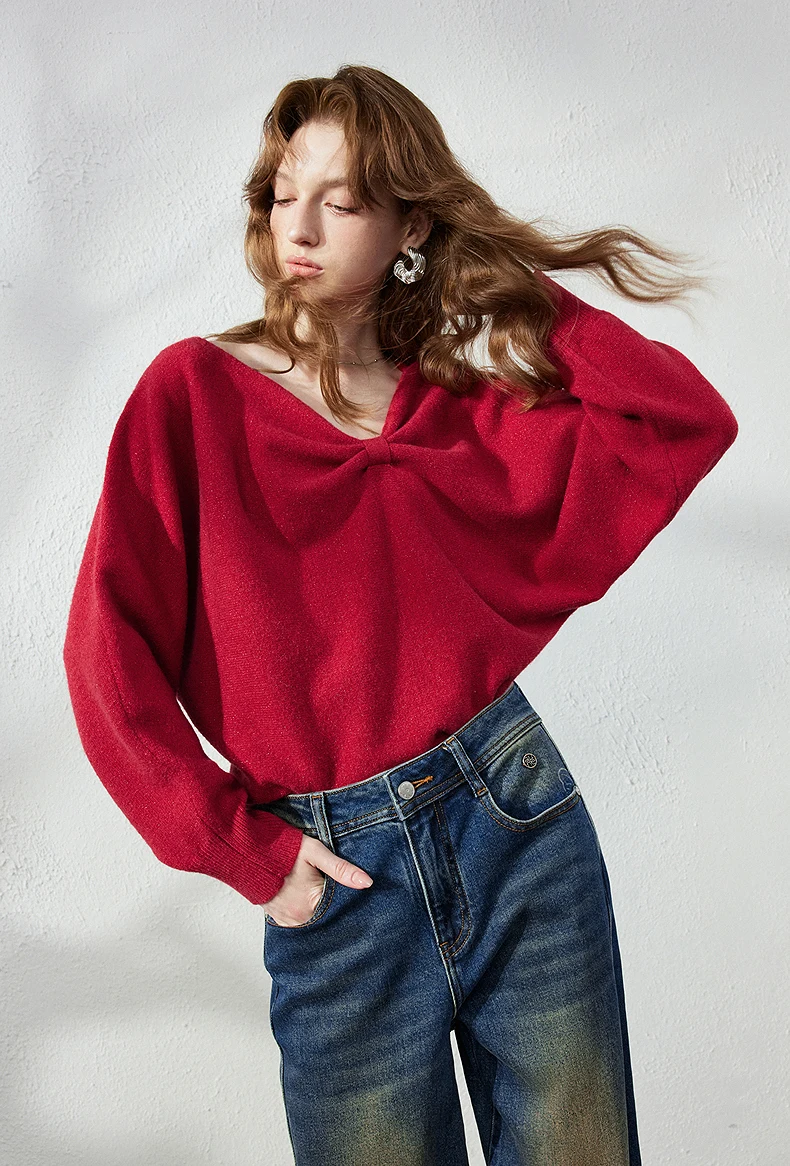 TOYOUTH Women's Dropped Shoulder Knit Sweater 2026 Fall New Arrival V neck with Bow Detail Sweet and Cool French Inspired Top
