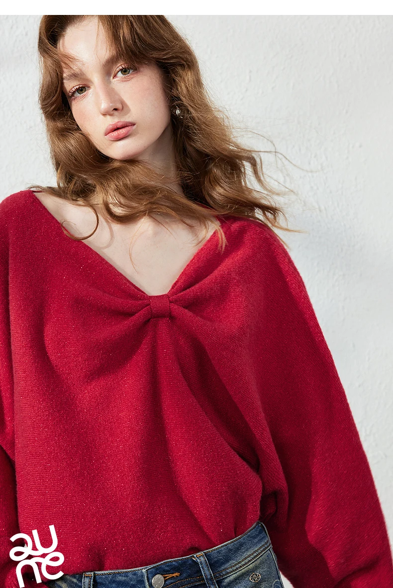 TOYOUTH Women's Dropped Shoulder Knit Sweater 2026 Fall New Arrival V neck with Bow Detail Sweet and Cool French Inspired Top