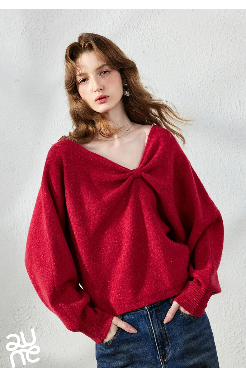 TOYOUTH Women's Dropped Shoulder Knit Sweater 2026 Fall New Arrival V neck with Bow Detail Sweet and Cool French Inspired Top
