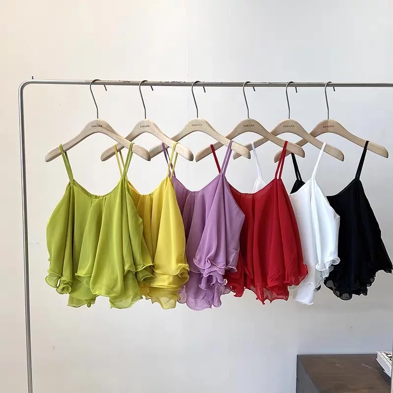 Korean Fashion Lightweight Chiffon Spaghetti Strap Crop Top Women's Summer Ruffled Flowy Cami Casual Daily Party Tanks