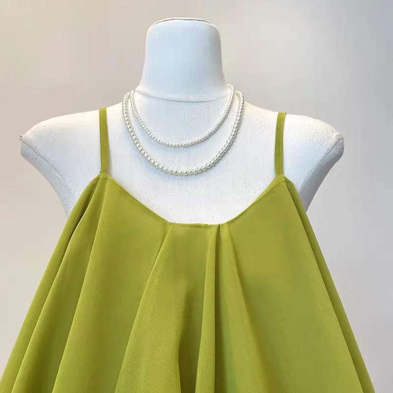 Korean Fashion Lightweight Chiffon Spaghetti Strap Crop Top Women's Summer Ruffled Flowy Cami Casual Daily Party Tanks