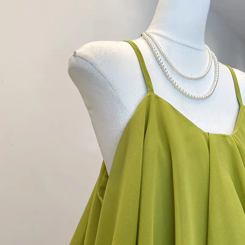 Korean Fashion Lightweight Chiffon Spaghetti Strap Crop Top Women's Summer Ruffled Flowy Cami Casual Daily Party Tanks