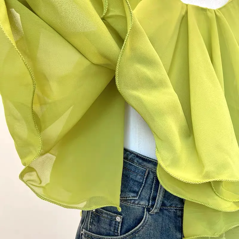 Korean Fashion Lightweight Chiffon Spaghetti Strap Crop Top Women's Summer Ruffled Flowy Cami Casual Daily Party Tanks