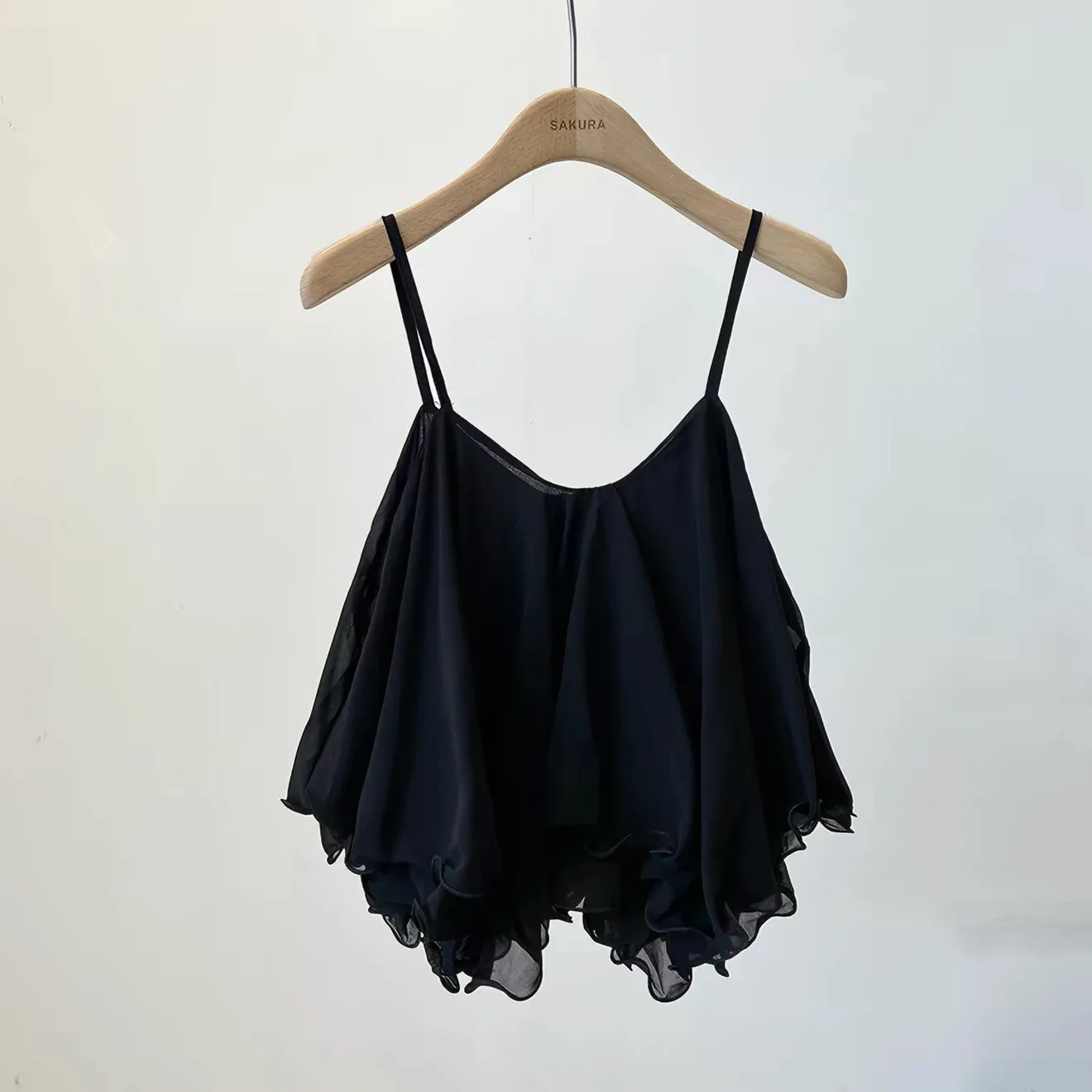 Korean Fashion Lightweight Chiffon Spaghetti Strap Crop Top Women's Summer Ruffled Flowy Cami Casual Daily Party Tanks