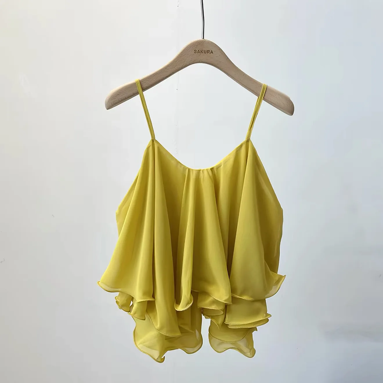 Korean Fashion Lightweight Chiffon Spaghetti Strap Crop Top Women's Summer Ruffled Flowy Cami Casual Daily Party Tanks
