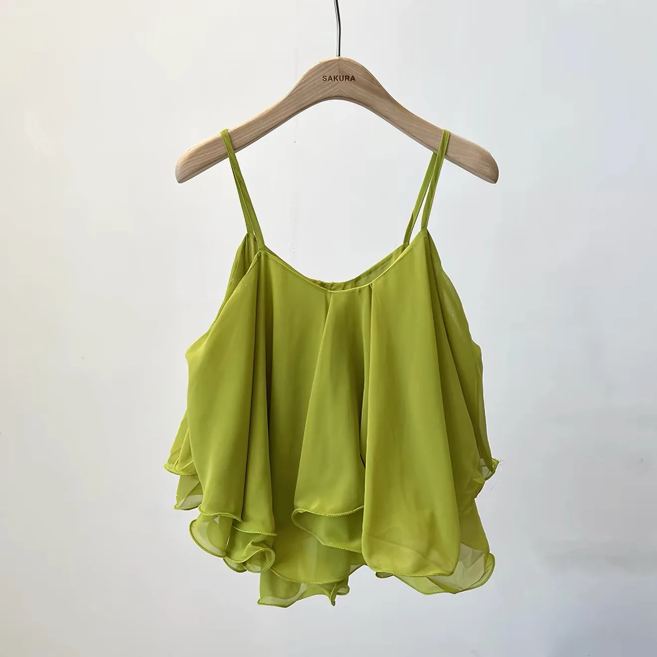 Korean Fashion Lightweight Chiffon Spaghetti Strap Crop Top Women's Summer Ruffled Flowy Cami Casual Daily Party Tanks