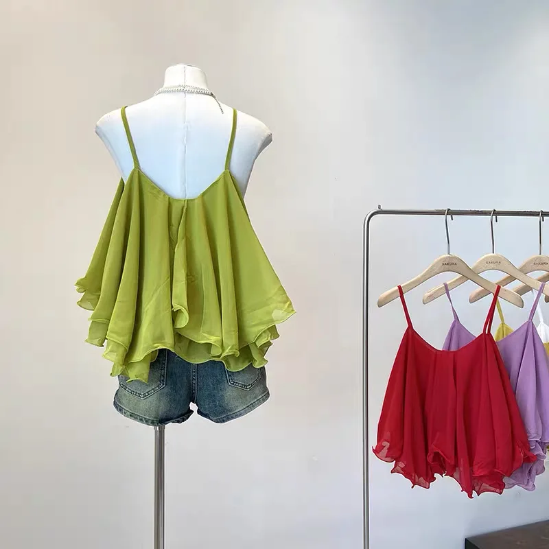 Korean Fashion Lightweight Chiffon Spaghetti Strap Crop Top Women's Summer Ruffled Flowy Cami Casual Daily Party Tanks