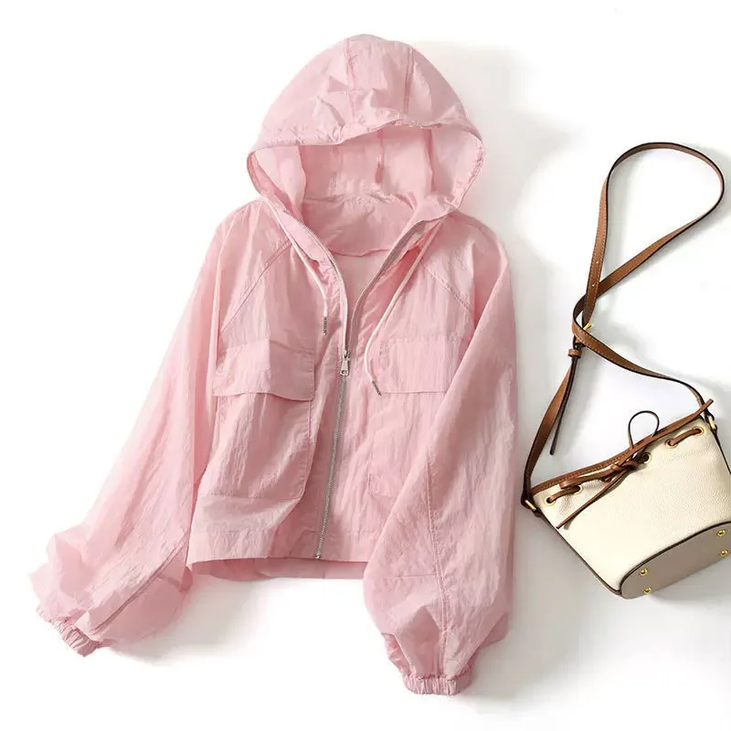 Women Cropped Hooded Windbreaker Jacket Zip Up Pocket Lantern Sleeve Lightweight Outdoor Coat