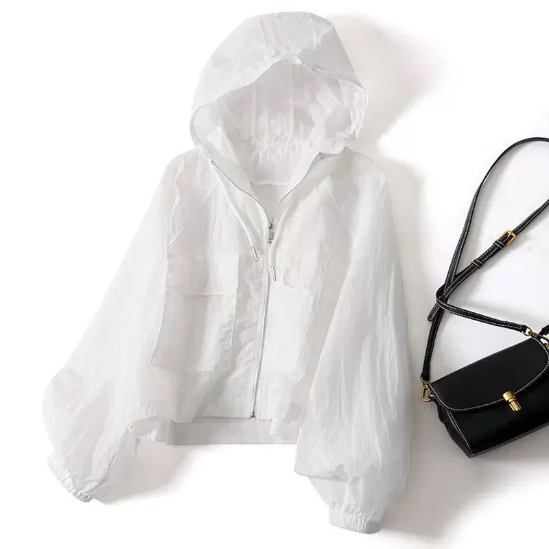 Women Cropped Hooded Windbreaker Jacket Zip Up Pocket Lantern Sleeve Lightweight Outdoor Coat