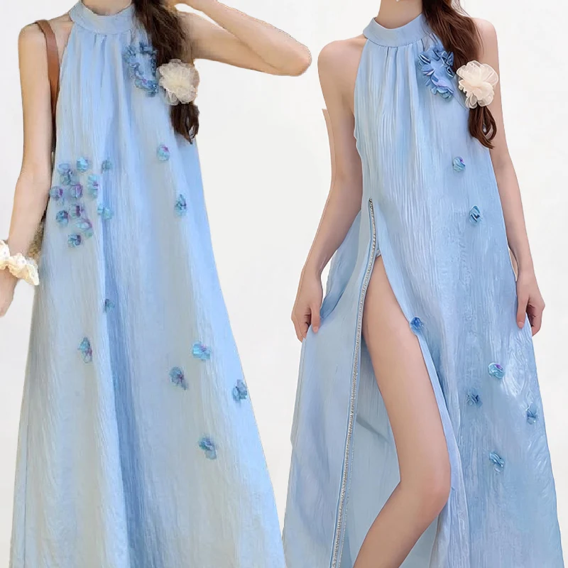 Women's French Style Invisible Zipper Sexy Dresses Outdoor Exposed Play Easy Dress Cute Floral Printing Sleeveless Long Skirts