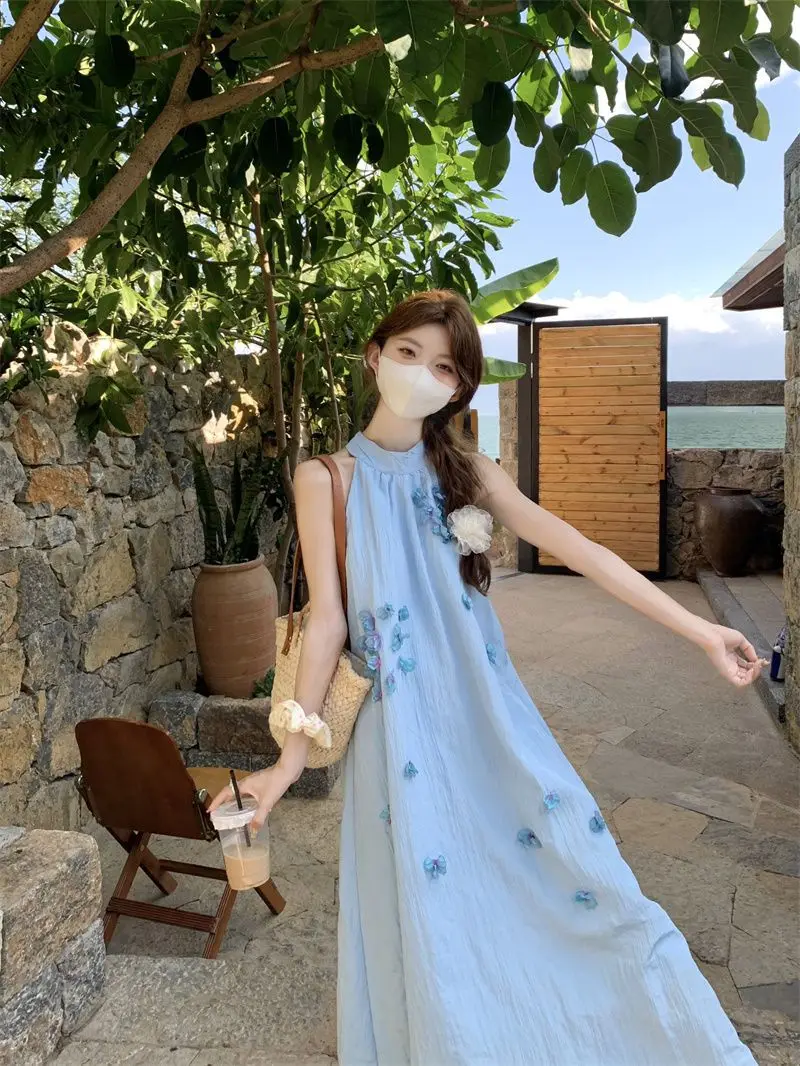 Women's French Style Invisible Zipper Sexy Dresses Outdoor Exposed Play Easy Dress Cute Floral Printing Sleeveless Long Skirts