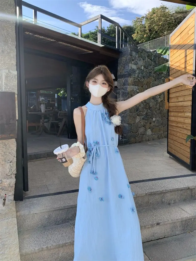 Women's French Style Invisible Zipper Sexy Dresses Outdoor Exposed Play Easy Dress Cute Floral Printing Sleeveless Long Skirts