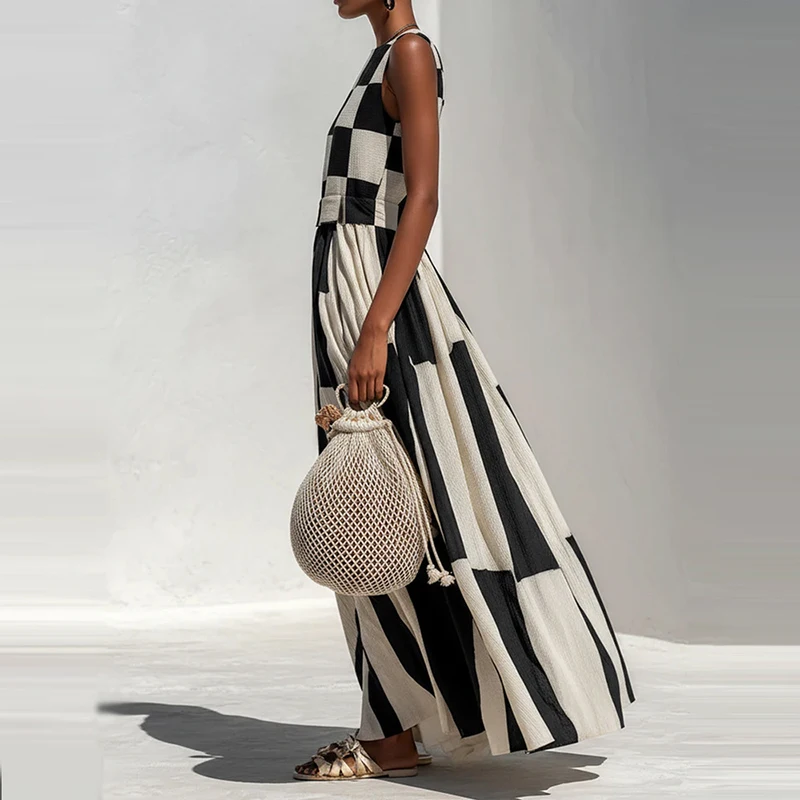 Fashion Checkered Large Swing Dress Casual O-Neck High Waist Beach Vacation Dress 2026 Summer Comfortable Sleeveless Long Dress