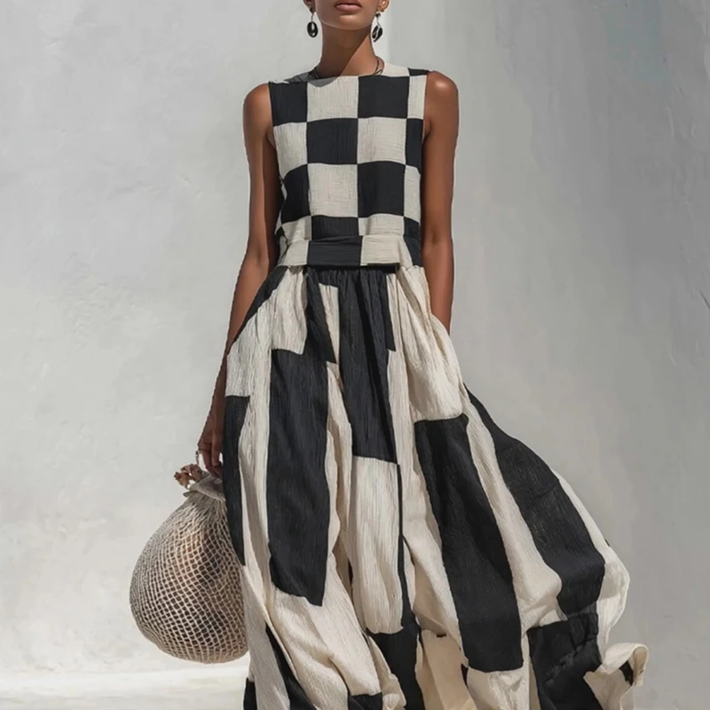 Fashion Checkered Large Swing Dress Casual O-Neck High Waist Beach Vacation Dress 2026 Summer Comfortable Sleeveless Long Dress