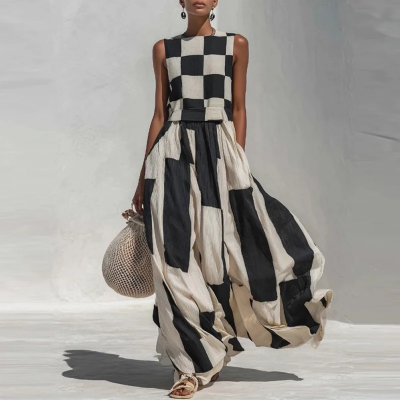 Fashion Checkered Large Swing Dress Casual O-Neck High Waist Beach Vacation Dress 2026 Summer Comfortable Sleeveless Long Dress