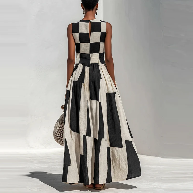 Fashion Checkered Large Swing Dress Casual O-Neck High Waist Beach Vacation Dress 2026 Summer Comfortable Sleeveless Long Dress