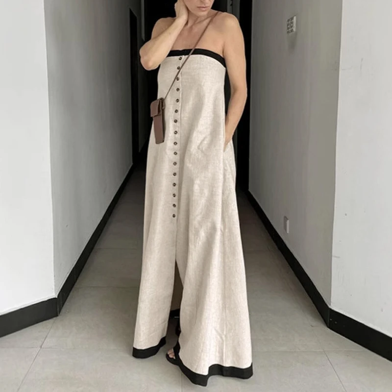 Elegant Strapless Sleeveless Dress Fashion Single Breasted Off Shoulder Vacation Dress Temperament Color Blocked Backless Dress