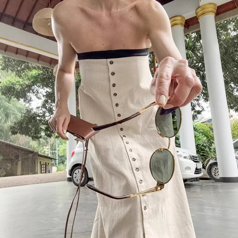 Elegant Strapless Sleeveless Dress Fashion Single Breasted Off Shoulder Vacation Dress Temperament Color Blocked Backless Dress