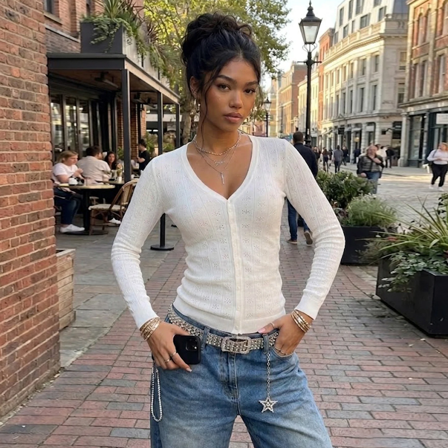 Women V Neck Hollow Out Sweaters Long Sleeve Button Slim Fit White Cropped Casual Y2K Aesthetics Fall Jacquard Knit Cardigan New